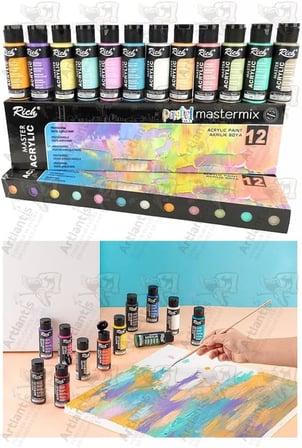 Rich Mastermix Akrilik Boya 12 Renk 60 ml 1 Paket Pastel Renkler Akrilik Boya 12 li Profesyonel Tuval Canvas Boyası