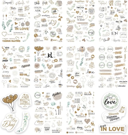 Düğün Sticker Seti, 325 Adet Çıkartma, Misafir, Konuk Defteri veya Fotoğraf Albumü için Sevgi Dolu Vintage Love Temalı, Dekorasyon için Motifli Sözcüklü Düğün Etiketi, 10 Sayfa, A5 Boyut