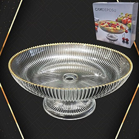 Cam Ayaklı Gold Şeritli Cam Meyvelik 24,5 Cm