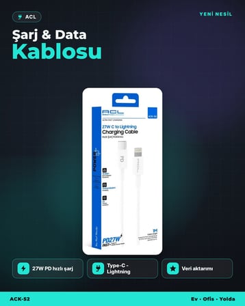 ACL ACK-52 PD 27W Type-C – Lightning Hızlı Şarj ve Data Kablosu 1 m