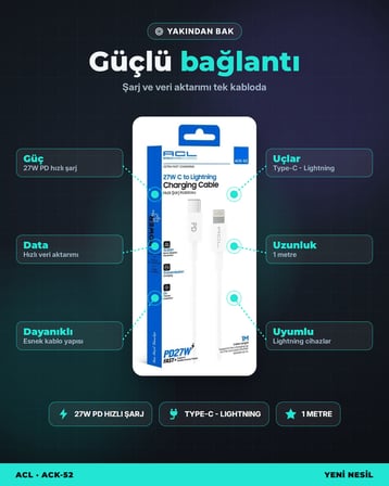 ACL ACK-52 PD 27W Type-C – Lightning Hızlı Şarj ve Data Kablosu 1 m