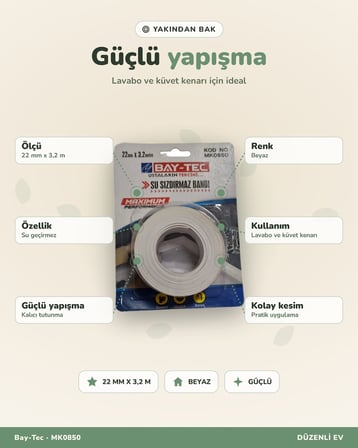Bay-Tec MK0850 Su Sızdırmaz Bant 22 mm x 3,2 m Beyaz