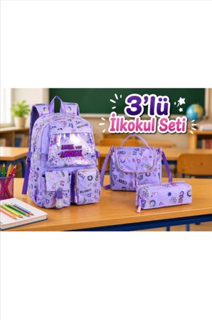 Kawaii Kore Tarzı Fitilli Kumaş Desenli Sırt Çantası, Beslenme Çantası ve Kalemlik Üçlü Seti