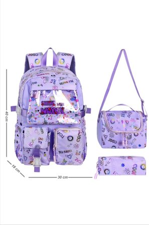 Kawaii Kore Tarzı Fitilli Kumaş Desenli Sırt Çantası, Beslenme Çantası ve Kalemlik Üçlü Seti