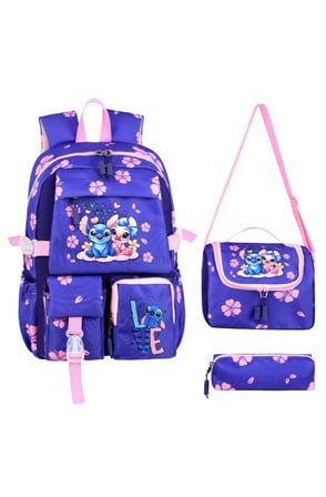 Kore Kawai Mor Stitch Stiç Temalı Kız Çocuk İlkokul Çantası Termal Beslenme Çantası ve Kalemlik Set