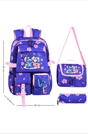 Kore Kawai Mor Stitch Stiç Temalı Kız Çocuk İlkokul Çantası Termal Beslenme Çantası ve Kalemlik Set