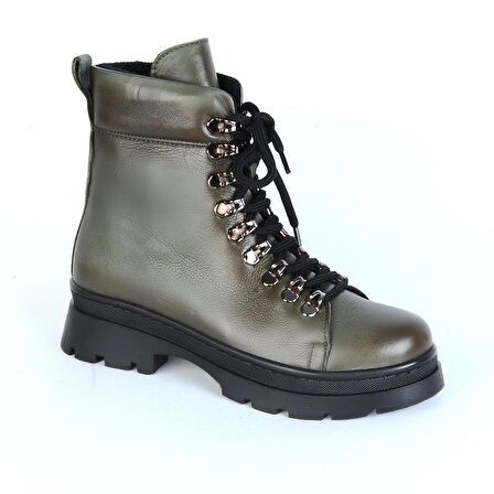 Bulldozer 240804-Z Yeşil Kürklü Deri Kadın Düz Bot