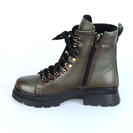 Bulldozer 240804-Z Yeşil Kürklü Deri Kadın Düz Bot