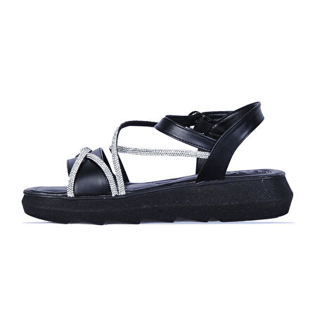 Ayakcenter By5 Ayışığı Siyah Taşlı Kadın Düz Sandalet