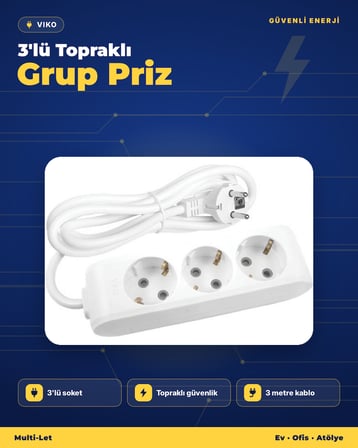 Viko Multi-Let 3'lü Topraklı Grup Priz 3 Metre Çocuk Korumalı