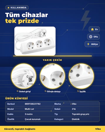 Viko Multi-Let 3'lü Topraklı Grup Priz 3 Metre Çocuk Korumalı