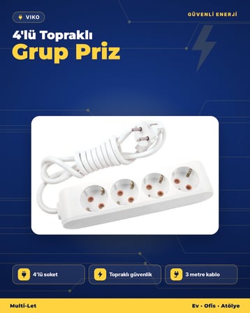 Viko Multi-Let 4'lü Topraklı Grup Priz 3 Metre Çocuk Korumalı