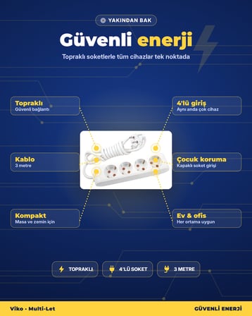 Viko Multi-Let 4'lü Topraklı Grup Priz 3 Metre Çocuk Korumalı