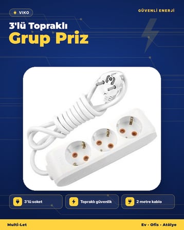 Viko Multi-Let 3'lü Topraklı Grup Priz 2 Metre Çocuk Korumalı