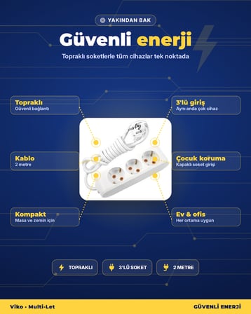 Viko Multi-Let 3'lü Topraklı Grup Priz 2 Metre Çocuk Korumalı