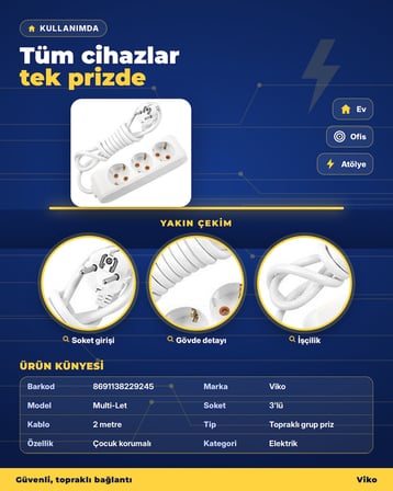 Viko Multi-Let 3'lü Topraklı Grup Priz 2 Metre Çocuk Korumalı