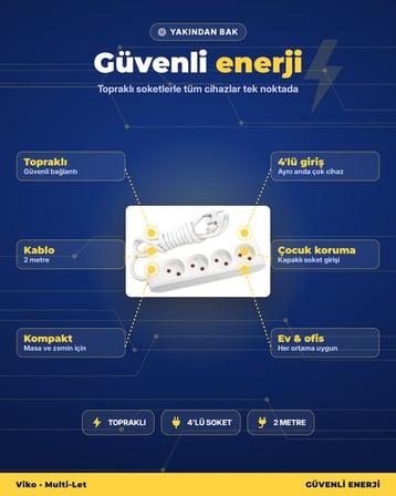 Viko Multi-Let 4'lü Topraklı Grup Priz 2 Metre Çocuk Korumalı
