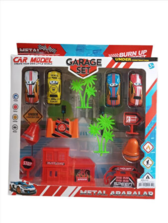Garaj Araba Seti -4 lü Metal Araba ve Aksesuarları ile Birlikte Garaj Seti