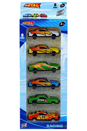 6'lı Metal Araba Seti, Şimşek, Renkli Tasarım, 8CM