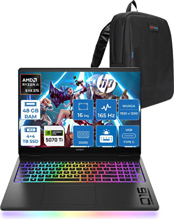 Hp Omen Max 16-AK0005NT Amd Ryzen Aı 9 HX375 48GB 4tb Ssd+4tbssd 12GB/RTX5070Tİ Gddr7 16 Inç 2k 165 Hz, 3 Ms 400 Nit Freedos Taşınabilir Bilgisayar ZBQ1Y0EAF24+ZETTAÇANTA