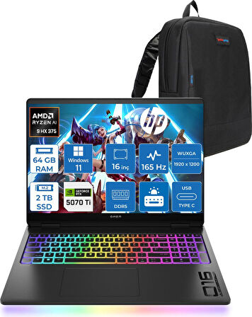 Hp Omen Max 16-AK0005NT Amd Ryzen Aı 9 HX375 64GB 2tb SSD 12GB/RTX5070Tİ Gddr7 16 Inç 2k 165 Hz, 3 Ms 400 Nit Windows 11 Home Taşınabilir Bilgisayar ZBQ1Y0EAH29+ZETTAÇANTA