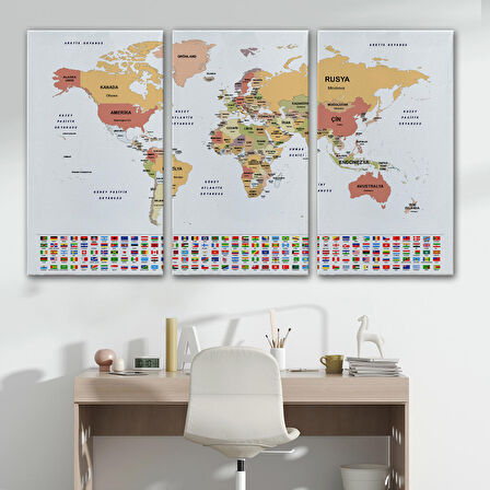 Harita Sepeti Türkçe Dünya Haritası Kanvas Tablo Ülke Bayraklı ve Dekoratif 2386