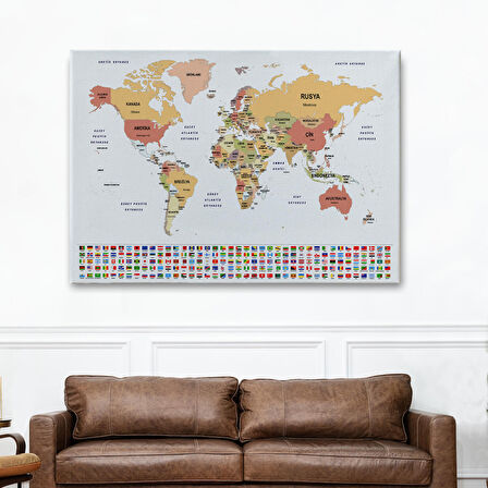 Harita Sepeti Türkçe Dünya Haritası Kanvas Tablo Ülke Bayraklı ve Dekoratif 2386