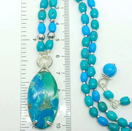 2386 Azurit Malahit Turkuaz el yapımı kolye