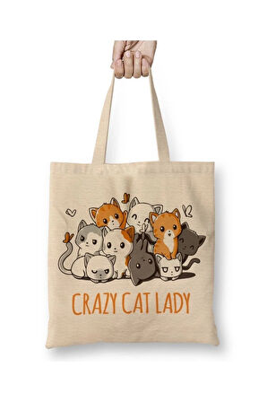 Crazy Cat Lady Kedi Beyaz Bez Çanta Uzun Saplı Alışveriş Çantası Plaj Çantası