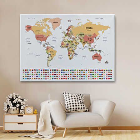 Harita Sepeti Dünya Haritası Ülke Bayraklı ve Dekoratif Kanvas Tablo 2387