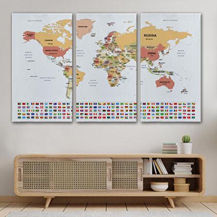 Harita Sepeti Dünya Haritası Ülke Bayraklı ve Dekoratif Kanvas Tablo 2387