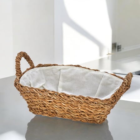El Yapımı Doğal Hasır Kulplu Çok Amaçlı Dekoratif Dikdörtgen Sepet, Hasır Kulplu Ekmek Sepeti (27x18x8cm)
