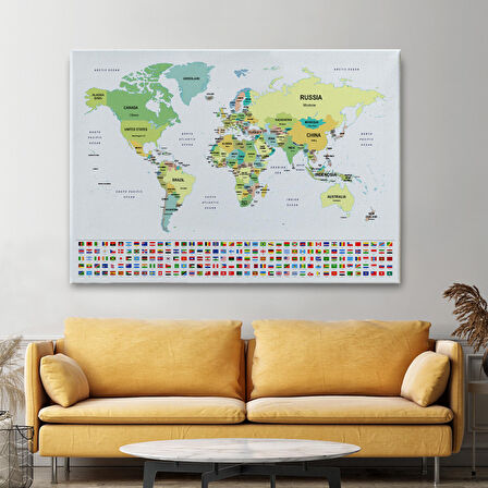 Harita Sepeti Dünya Haritası Ülke Bayraklı ve Dekoratif Kanvas Tablo 2389