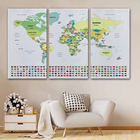 Harita Sepeti Dünya Haritası Ülke Bayraklı ve Dekoratif Kanvas Tablo 2389