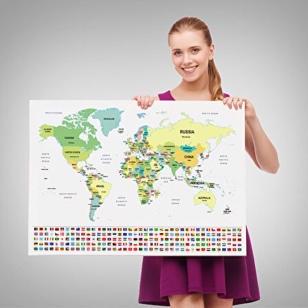 Harita Sepeti Dünya Haritası Ülke Bayraklı ve Dekoratif Kanvas Tablo 2389