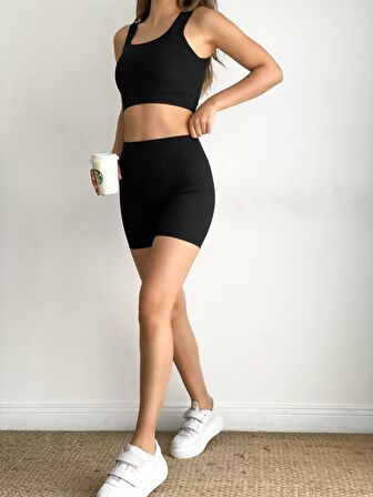KADIN KISA SPOR FİTİLLİ CROP TAYT TAKIM