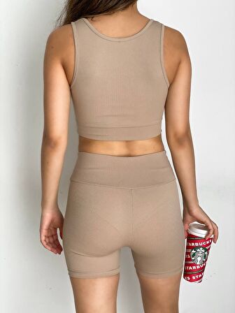 KADIN KISA SPOR FİTİLLİ CROP TAYT TAKIM