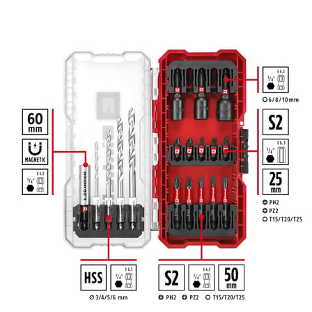 Orijinal S-CASE 18 parça darbeye dayanıklı aksesuar seti (25 mm bitler, 50 mm bitler, 60 mm bit tutucu, lokma adaptörü, metal delme ucu ve saklama kutusu dahil) - 49108709