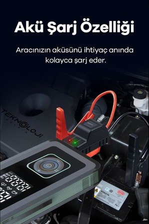 Taşınabilir Araç Pompası 10.000mAh Akü Şarj Eden OtoKompresör ElFeneri Powerbank Çanta Hediye 3in1