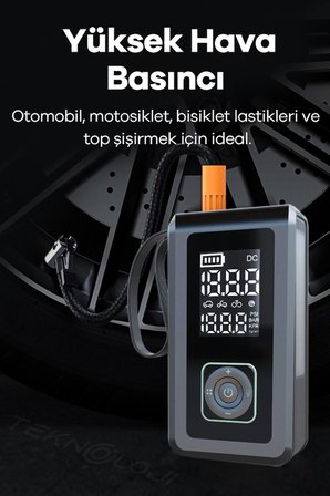 Taşınabilir Araç Pompası 10.000mAh Akü Şarj Eden OtoKompresör ElFeneri Powerbank Çanta Hediye 3in1