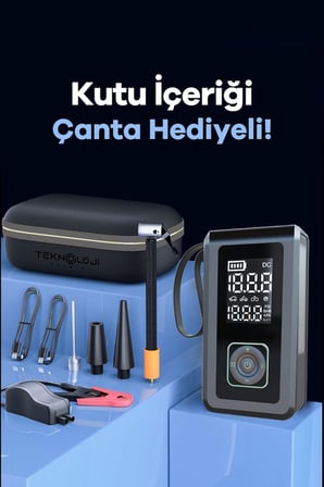 Taşınabilir Araç Pompası 10.000mAh Akü Şarj Eden OtoKompresör ElFeneri Powerbank Çanta Hediye 3in1