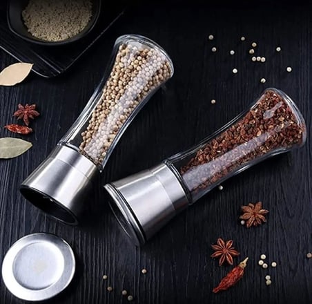 Paslanmaz Çelik Kapaklı Cam Gövdeli Baharat Değirmeni Seti 2'li 19 cm