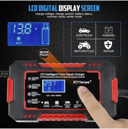 Kapvoe Rj Tianye 12V 6A Araba Motosiklet Kurşun Asit Akü Şarj Cihazı Auto Islak Kuru Jel Onarım Led Ekran