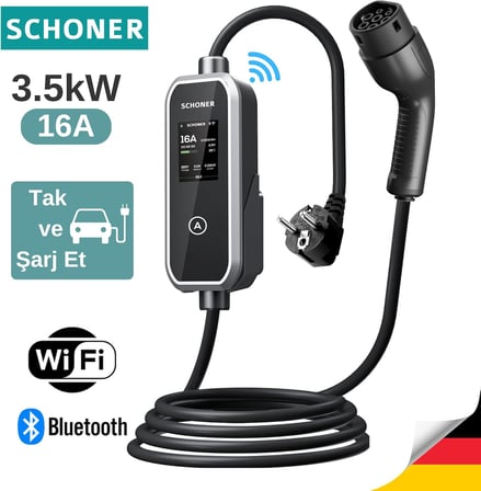 3.5kw Taşınabilir Elektrikli Araç Şarj Istasyonu -Tak ve Şarj Et- Wi-Fi/Bluetooth Smart 5 Metre Tip2 Kablolu