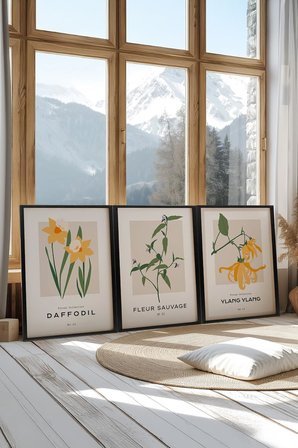 Siyah Çerçeveli 3’lü Tablo Seti Floral Serisi – Sarı ve Yeşil Tonlar Salon Set 30068, 30 x 40