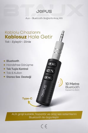 Bluetooth Aux Araç Kiti Bluetooth 5.0 HD Ses Kalitesi Kesintisiz Bağlantı, JPS-ARAÇ-KiTi