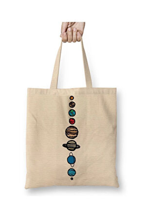 Gezegenler Beyaz Bez Çanta Uzun Saplı Alışveriş Çantası Plaj Çantası