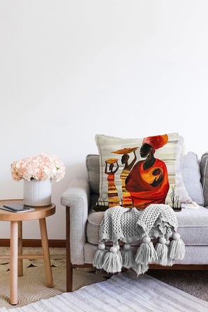 Çift Taraflı Afrikan Yağlı Boya Çizimli 3d Dekoratif Raşel Örme Yastık Kırlent Kılıfı, Sonil-K3341-43x43cm