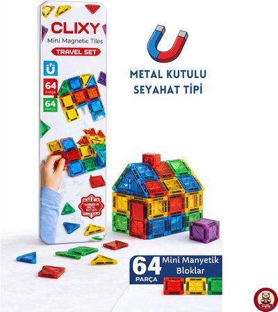 Manyetik Yapı Blokları - 64 Parça Seyahat Tipi Mini Bloklar Metal Saklama Kutulu Çanta Boy Renkli