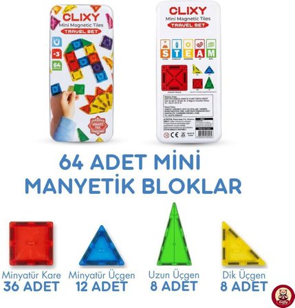 Manyetik Yapı Blokları - 64 Parça Seyahat Tipi Mini Bloklar Metal Saklama Kutulu Çanta Boy Renkli
